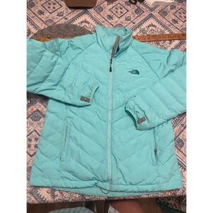 The North Face Womens Aqua Blue Quilted Puffer Jacket Full Zip Large